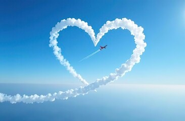 Wall Mural - airplane flying through clear blue sky left heart shape of vapour trails behide