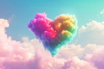 Wall Mural - 3d render of rainbow heart with clouds on sky background love concept colorful heart in the form of 