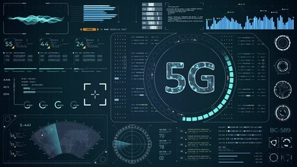 Wall Mural - motion graphic of blue digital 5g letter logo with head up display (hud ui) panel and futuristic tec