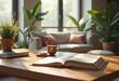 © Yaroslava - relaxed office attire polished wood desk elegant casual work environment soft textures cozy atmosphere productivity stylish workplace, interior, furniture