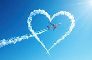 Wall Mural - airplane flying through clear blue sky left heart shape of vapour trails behide
