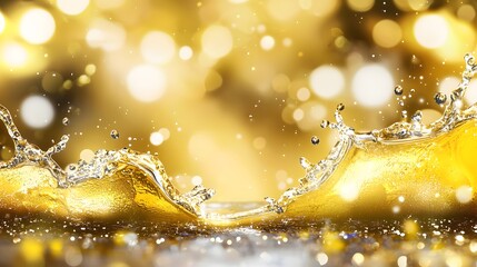 Wall Mural - dynamic splash of golden water with sparkling bokeh lights creating an elegant atmosphere