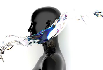 Aufkleber - Futuristic 3D rendering of a black humanoid face intertwined with iridescent, fluid-like shapes, creating a dynamic visual contrast and a sense of movement and modernity.