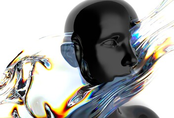 Aufkleber - Futuristic 3D rendering of a black humanoid face intertwined with iridescent, fluid-like shapes, creating a dynamic visual contrast and a sense of movement and modernity.
