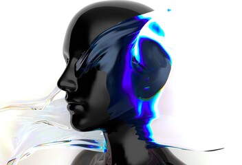 Aufkleber - Futuristic 3D rendering of a black humanoid face intertwined with iridescent, fluid-like shapes, creating a dynamic visual contrast and a sense of movement and modernity.
