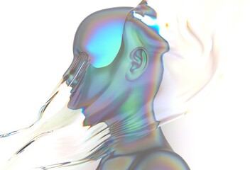 Fototapete - Futuristic abstract human figure with a smooth, iridescent surface, featuring vibrant holographic colors and fluid motion, blending human and robotic elements in digital art.