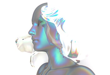 Fototapete - Futuristic abstract human figure with a smooth, iridescent surface, featuring vibrant holographic colors and fluid motion, blending human and robotic elements in digital art.