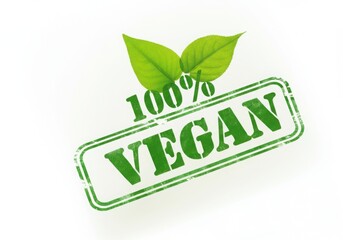 100% vegan label with leaves, green 100% vegan stamp label with two fresh green leaves on a white ba