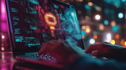 Software Engineer Programming on Laptop, Connected to Global Data Networks