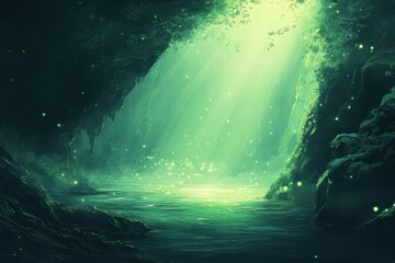Wall Mural - a deep green cave filled with water deep dark abyss with hints of glowing light.