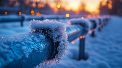 Aufkleber - Pipes glisten with frost as the sun sets, illuminating the infrastructure of an energy generation facility. Snow blankets the ground, creating a serene winter atmosphere.