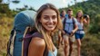 © Harry - Happy Adventurous Woman Hiking Backpack Travel Nature Outdoors Summer Smiling Girl Journey Explore Beautiful Landscape Scenic View Trip Vacation