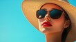 © Harry - Stylish Woman Summer Fashion Straw Hat Sunglasses Red Lips Beauty Portrait Outdoors Bright Sun hot sky day girl look cool chic sexy girl face hair