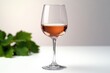 © venusvi - A beautifully crafted glass of rose wine placed on a white surface, adorned with fresh green leaves for an elegant touch.