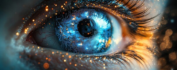 Wall Mural - close-up of a digital eye with futuristic technology interface