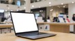 © NguyenHaiPhuong - Laptop with blank screen in bright modern store. AI Generated