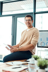 Aufkleber - Business, man and portrait with tablet on desk in office or website design company for brand identity. Male employee, screen or statistics in workplace for user analytics, interaction or performance.