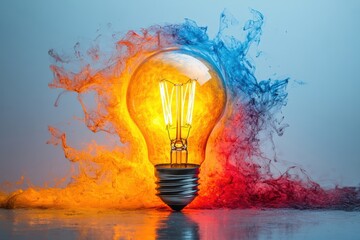 Aufkleber - A vibrant light bulb illuminated amidst splashes of colorful water, symbolizing creativity and innovation in design.