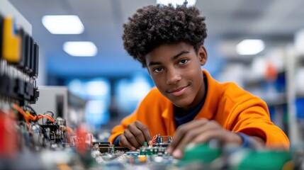 a young person in an orange jacket works intently on electronic circuits, showcasing a blend of focu