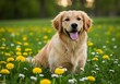 © rasel jpg - Golden retriever sitting in a field of dandelions with its tongue.