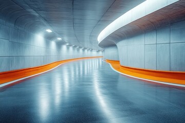 Poster - Futuristic underground tunnel with smooth curves and vibrant lighting, creating a calming atmosphere for transit and travel.