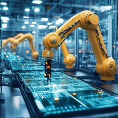 Poster - Automated Production Line: Robotic Arms Assembling Complex Electronic Components in a Futuristic Factory Setting