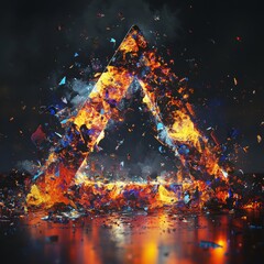 Leinwandbilder - Burning Geometry: A Fiery Triangular Explosion in the Dark with Shattered Pieces and Dynamic Light Effects.