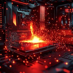 Poster - Fiery Core: Red Sparks and Glowing Components Inside a High-Performance Computer System