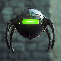 Poster - Futuristic Drone: A Sleek, Spherical Robot Hovering with a Bright Green Display Screen, Emerging from a Dark and Mysterious Urban Landscape.