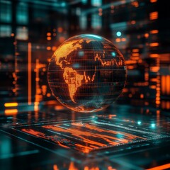 Fototapete - Global Financial Data Visualization: A Spherical Representation of Market Trends and Technological Connectivity.