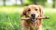 © RaptorWoman - A happy golden retriever holds a stick in its mouth, enjoying a sunny day in a lush green field.