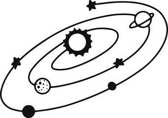 Wall Mural - minimalist black and white vector illustration of planets orbiting around the sun with stars, perfec