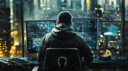 Futuristic coder at night