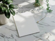 © Eyepain - Paper card template mockup modern place elegant dry leaf show shadow 5x7 empty inches blank invitation top view minimal display on marble table.