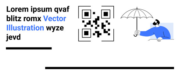 QR code alongside text block and abstract person holding an umbrella. Ideal for technology, safety, innovation, communication, modern design, branding, simple landing page