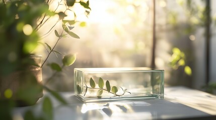 Wall Mural - sunlight illuminating a glass container with a green sprig, creating a serene indoor botanical atmos