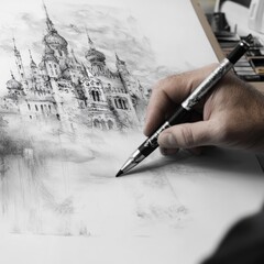 Poster - Artist's Hand Sketching a Detailed Castle with a Pen on Paper - Architectural Illustration in Progress