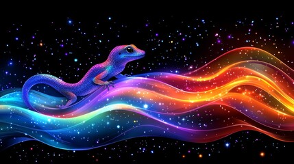 Wall Mural - a colorful gecko sitting on top of a rainbow colored wave