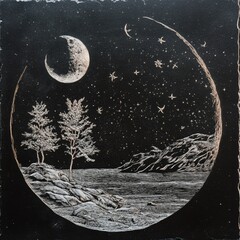 Wall Mural - a black and white drawing of a crescent moon with trees in the foreground