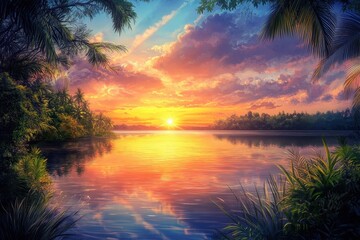Wall Mural - a painting depicting a stunning sunset casting vibrant colors over a calm lake surrounded by lush gr