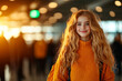 © Premium - young girl with long, wavy blonde hair smiles warmly in cozy orange sweater, surrounded by blurred background of people and soft lighting. Her cheerful expression radiates joy
