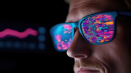 Close-Up of Glasses Reflecting Colorful Data Code Theme in Dark Setting