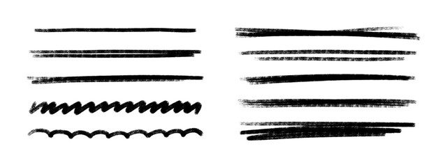 Wall Mural - black crayon stroke set - straight, wavy underlines and decorative borders. hand drawn divider desig