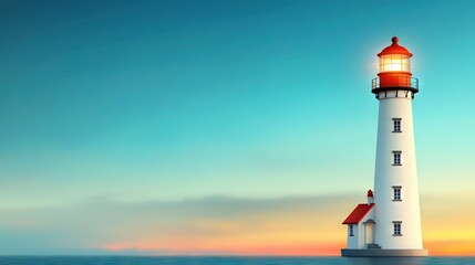 Wall Mural - a red-and-white lighthouse sits atop blue water, with a clear blue sky behind