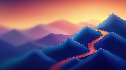 Wall Mural - a mountain painting with a road dividing it, surrounded by a stunning sunset