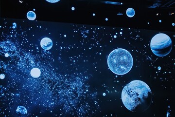 Wall Mural - a photo showcasing a blue and black background with various bubbles floating in the air nanomaterial