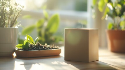 Wall Mural - sunlight illuminates a serene indoor garden table with plants and a decorative block object