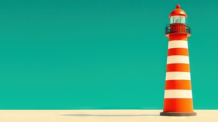 Wall Mural - striped lighthouse on sandy beach, blue sky above water