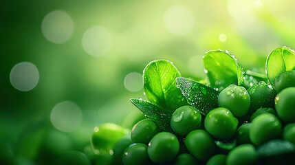 Wall Mural - a close-up of green leaves with water droplets and a blurry background