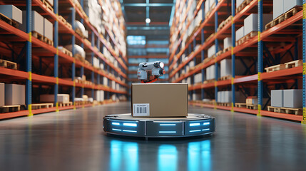 Aufkleber - Future technology 3d concept smart warehouse technology, automated robot delivers an order box in smart automated warehouse, 3d illustration